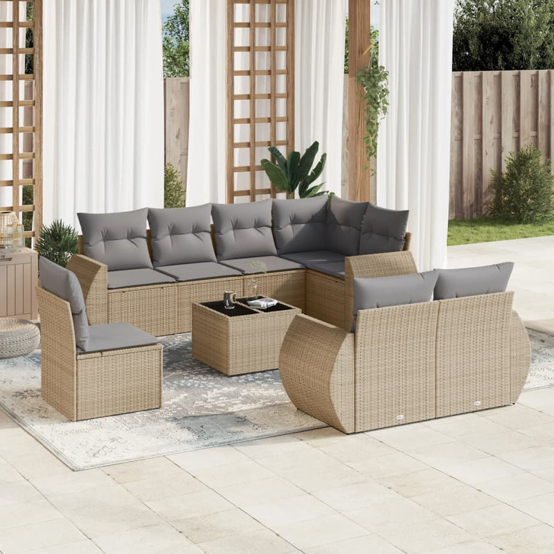 9 Piece Garden Sofa Set with Cushions Beige Poly Rattan