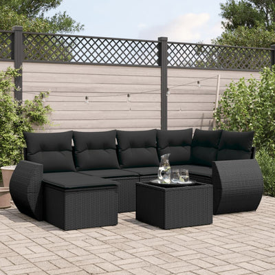 7 Piece Garden Sofa Set with Cushions Black Poly Rattan