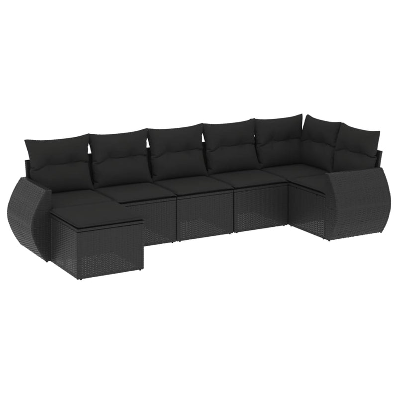 7 Piece Garden Sofa Set with Cushions Black Poly Rattan