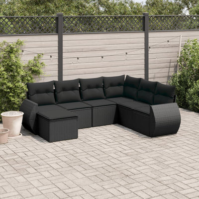 7 Piece Garden Sofa Set with Cushions Black Poly Rattan