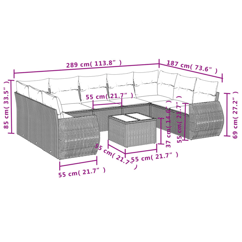 10 Piece Garden Sofa Set with Cushions Grey Poly Rattan