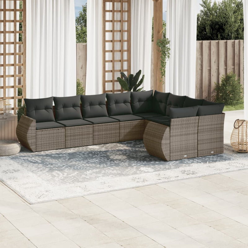 9 Piece Garden Sofa Set with Cushions Grey Poly Rattan