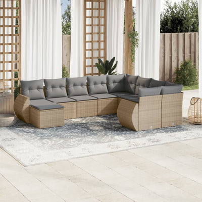 10 Piece Garden Sofa Set with Cushions Beige Poly Rattan