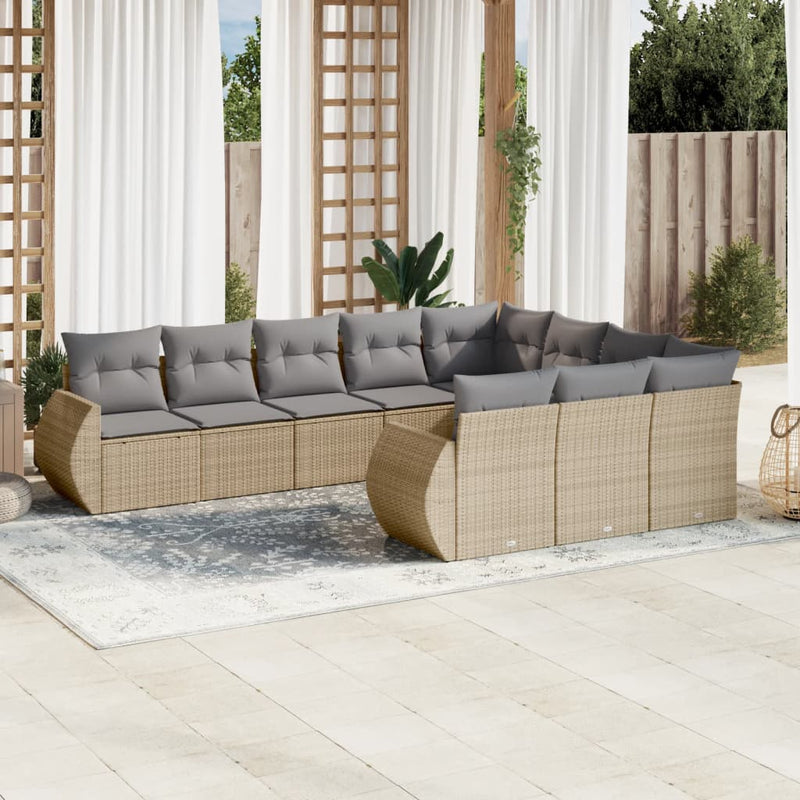 10 Piece Garden Sofa Set with Cushions Beige Poly Rattan