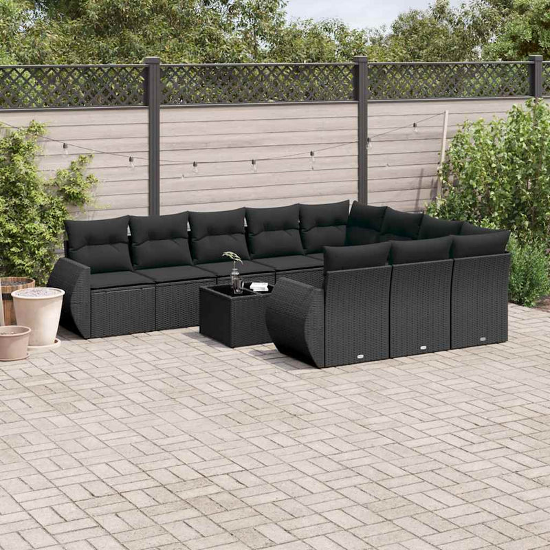 11 Piece Garden Sofa Set with Cushions Black Poly Rattan