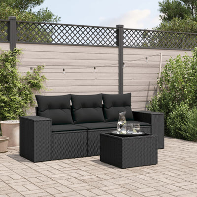 4 Piece Garden Sofa Set with Cushions Black Poly Rattan