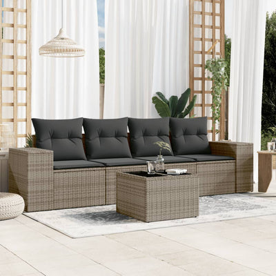 5 Piece Garden Sofa Set with Cushions Grey Poly Rattan