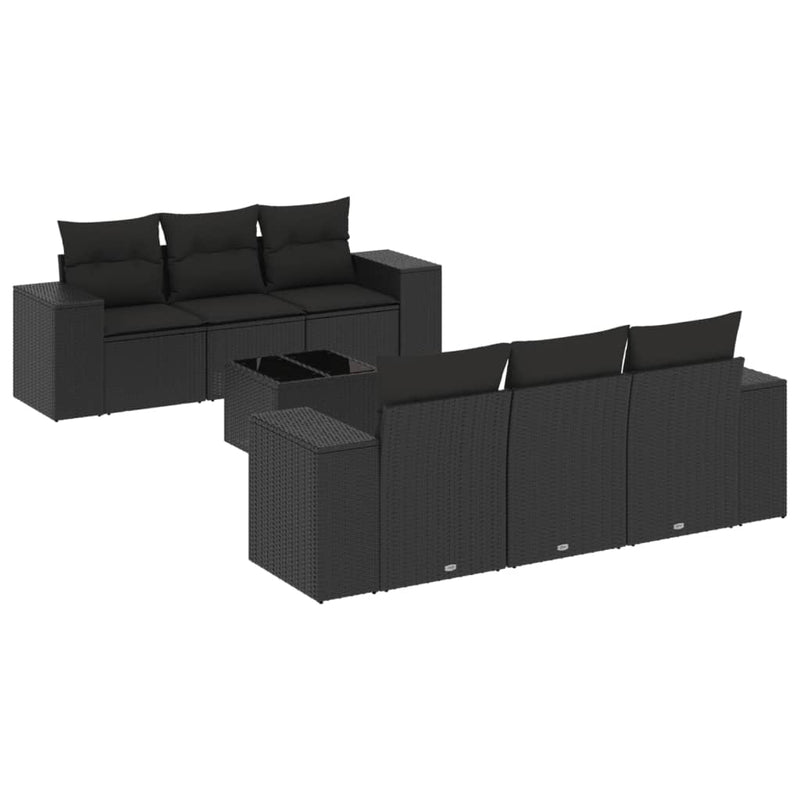 7 Piece Garden Sofa Set with Cushions Black Poly Rattan