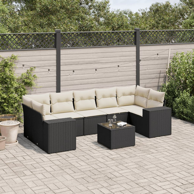 8 Piece Garden Sofa Set with Cushions Black Poly Rattan