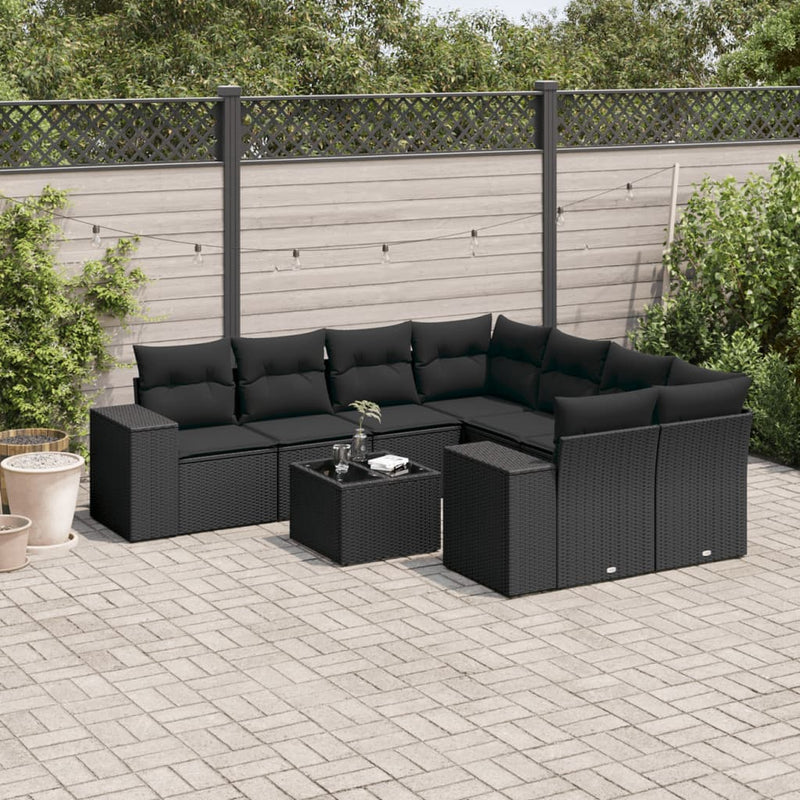 9 Piece Garden Sofa Set with Cushions Black Poly Rattan