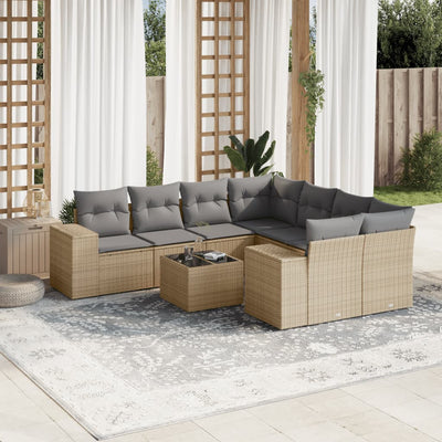 9 Piece Garden Sofa Set with Cushions Beige Poly Rattan