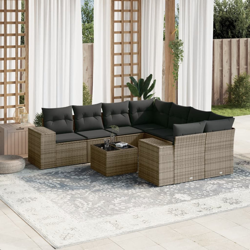 9 Piece Garden Sofa Set with Cushions Grey Poly Rattan