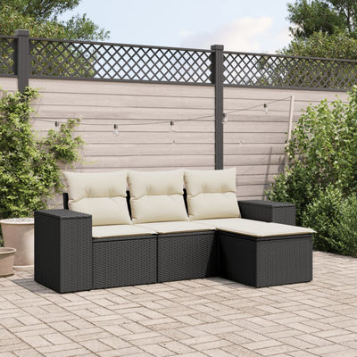 4 Piece Garden Sofa Set with Cushions Black Poly Rattan