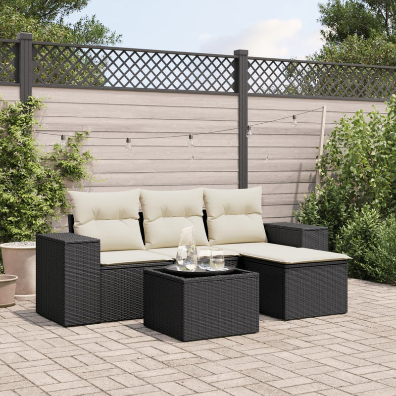 5 Piece Garden Sofa Set with Cushions Black Poly Rattan