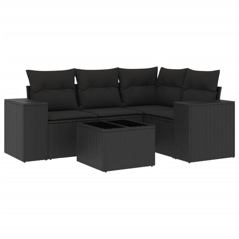 5 Piece Garden Sofa Set with Cushions Black Poly Rattan