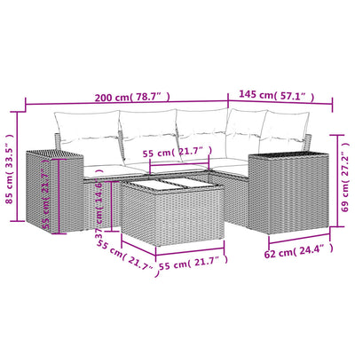 5 Piece Garden Sofa Set with Cushions Black Poly Rattan