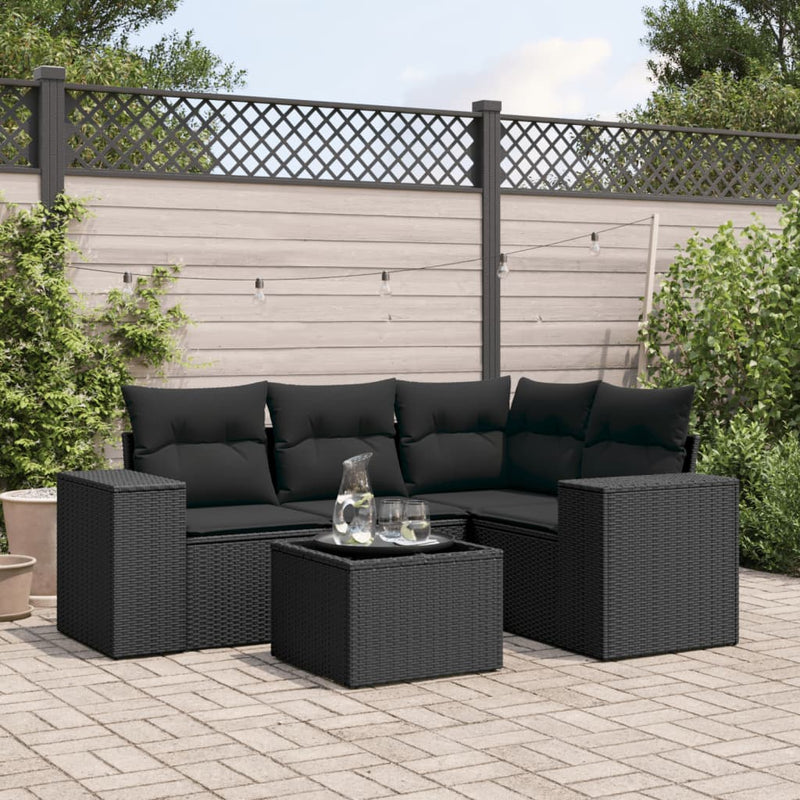 5 Piece Garden Sofa Set with Cushions Black Poly Rattan