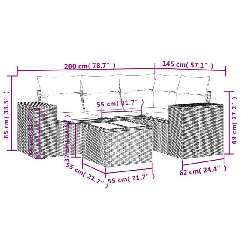 5 Piece Garden Sofa Set with Cushions Beige Poly Rattan