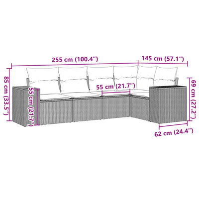 5 Piece Garden Sofa Set with Cushions Beige Poly Rattan