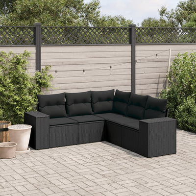 5 Piece Garden Sofa Set with Cushions Black Poly Rattan