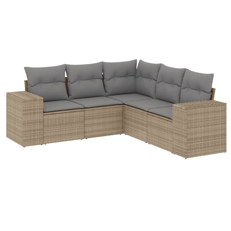 5 Piece Garden Sofa Set with Cushions Beige Poly Rattan