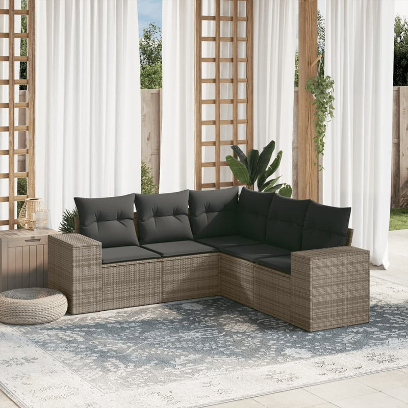 5 Piece Garden Sofa Set with Cushions Grey Poly Rattan