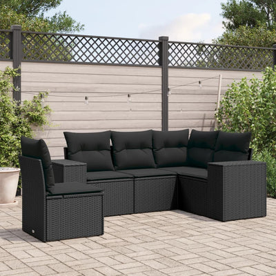 5 Piece Garden Sofa Set with Cushions Black Poly Rattan