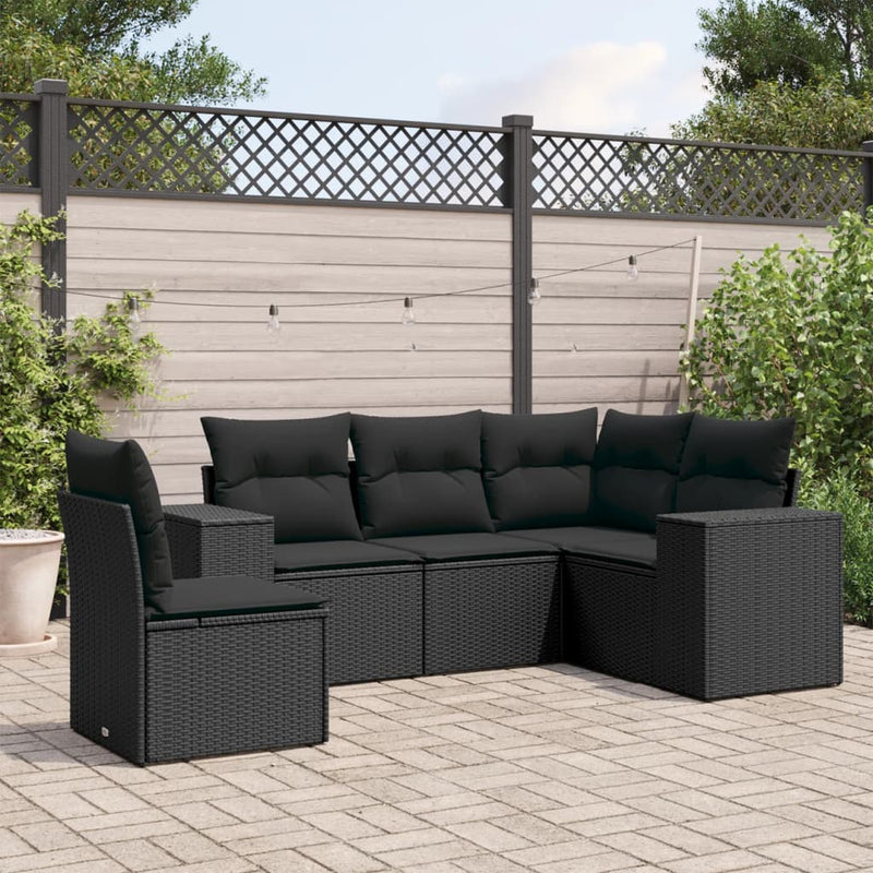 5 Piece Garden Sofa Set with Cushions Black Poly Rattan