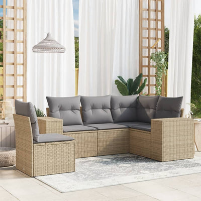 5 Piece Garden Sofa Set with Cushions Beige Poly Rattan