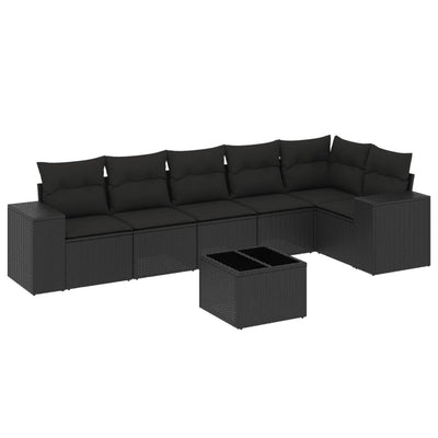 7 Piece Garden Sofa Set with Cushions Black Poly Rattan