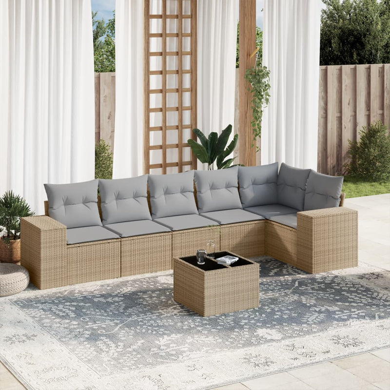 7 Piece Garden Sofa Set with Cushions Beige Poly Rattan