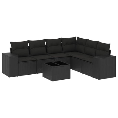 7 Piece Garden Sofa Set with Cushions Black Poly Rattan