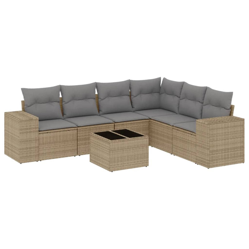 7 Piece Garden Sofa Set with Cushions Beige Poly Rattan