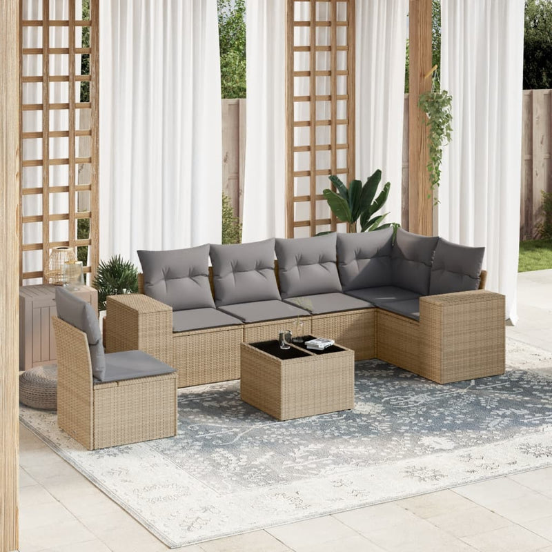 7 Piece Garden Sofa Set with Cushions Beige Poly Rattan