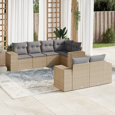 7 Piece Garden Sofa Set with Cushions Beige Poly Rattan