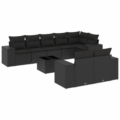 9 Piece Garden Sofa Set with Cushions Black Poly Rattan