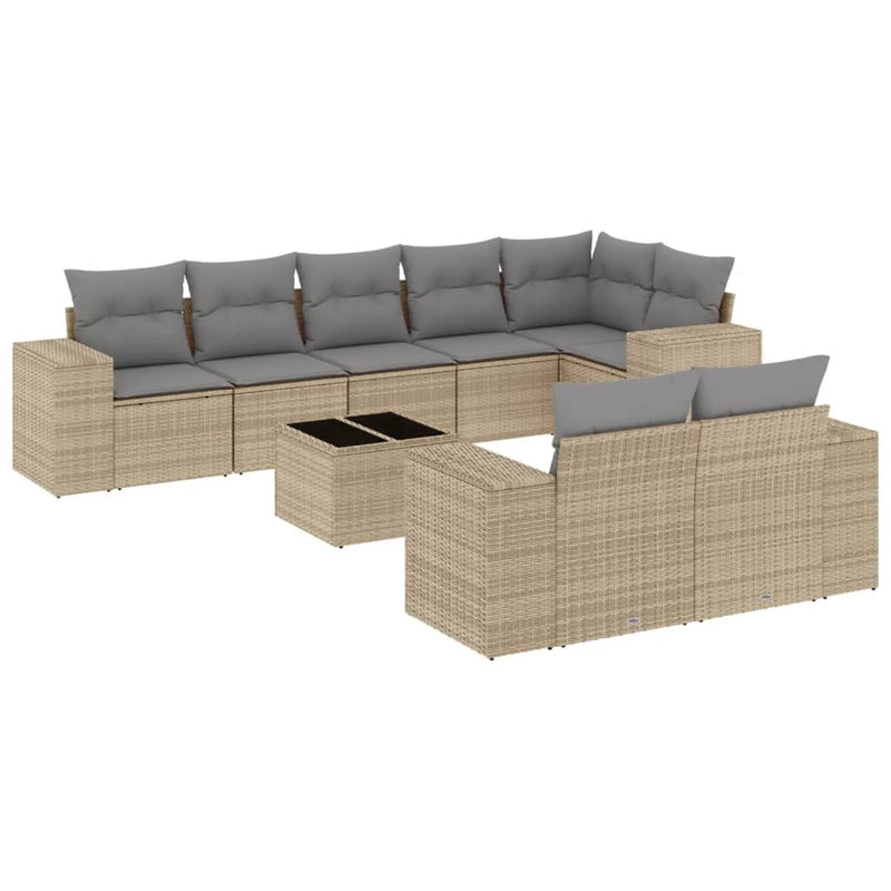 9 Piece Garden Sofa Set with Cushions Beige Poly Rattan