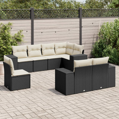 8 Piece Garden Sofa Set with Cushions Black Poly Rattan