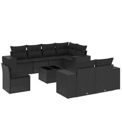 9 Piece Garden Sofa Set with Cushions Black Poly Rattan