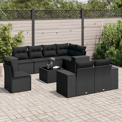 9 Piece Garden Sofa Set with Cushions Black Poly Rattan