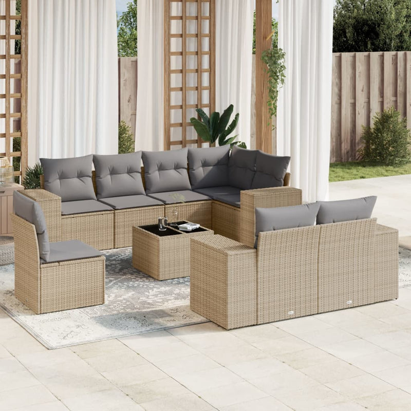 9 Piece Garden Sofa Set with Cushions Beige Poly Rattan