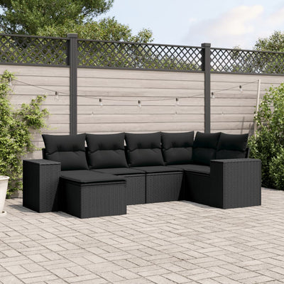 6 Piece Garden Sofa Set with Cushions Black Poly Rattan