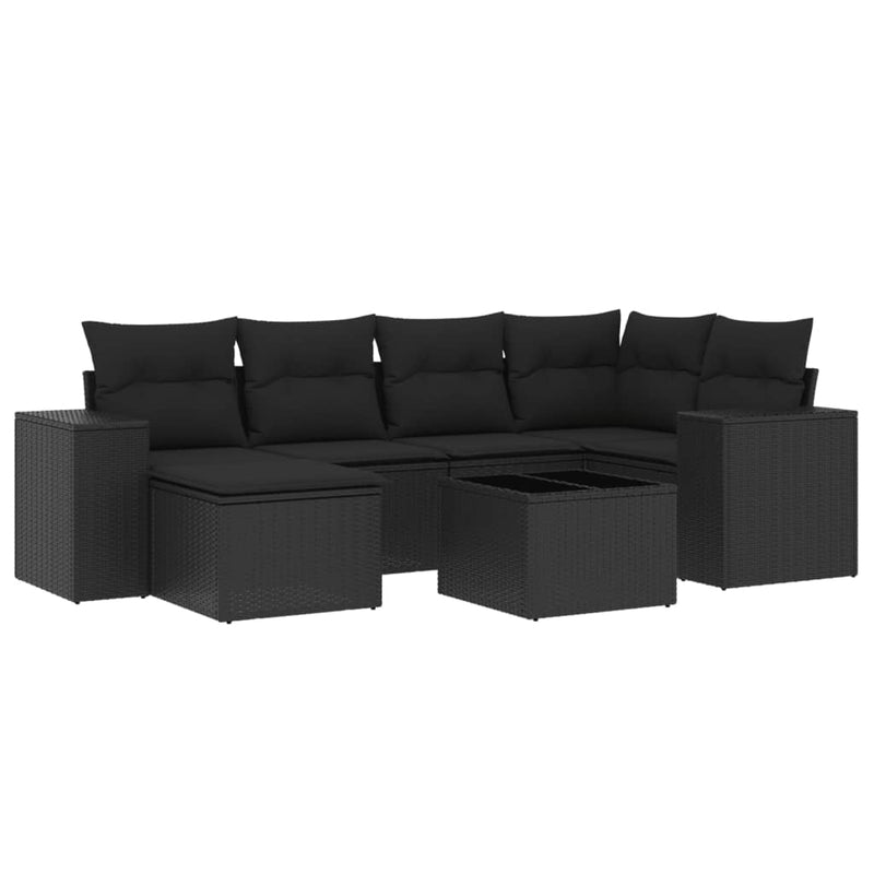 7 Piece Garden Sofa Set with Cushions Black Poly Rattan