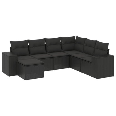 7 Piece Garden Sofa Set with Cushions Black Poly Rattan