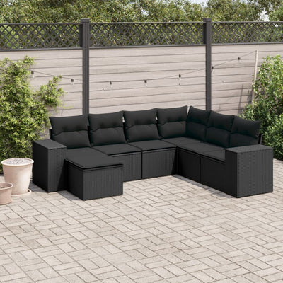 7 Piece Garden Sofa Set with Cushions Black Poly Rattan