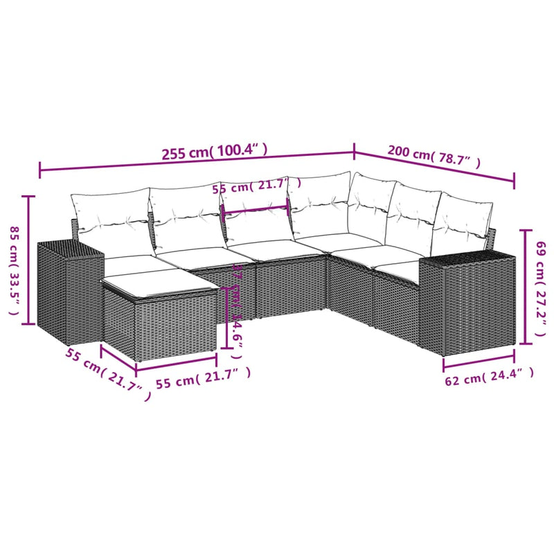 7 Piece Garden Sofa Set with Cushions Grey Poly Rattan