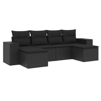 6 Piece Garden Sofa Set with Cushions Black Poly Rattan