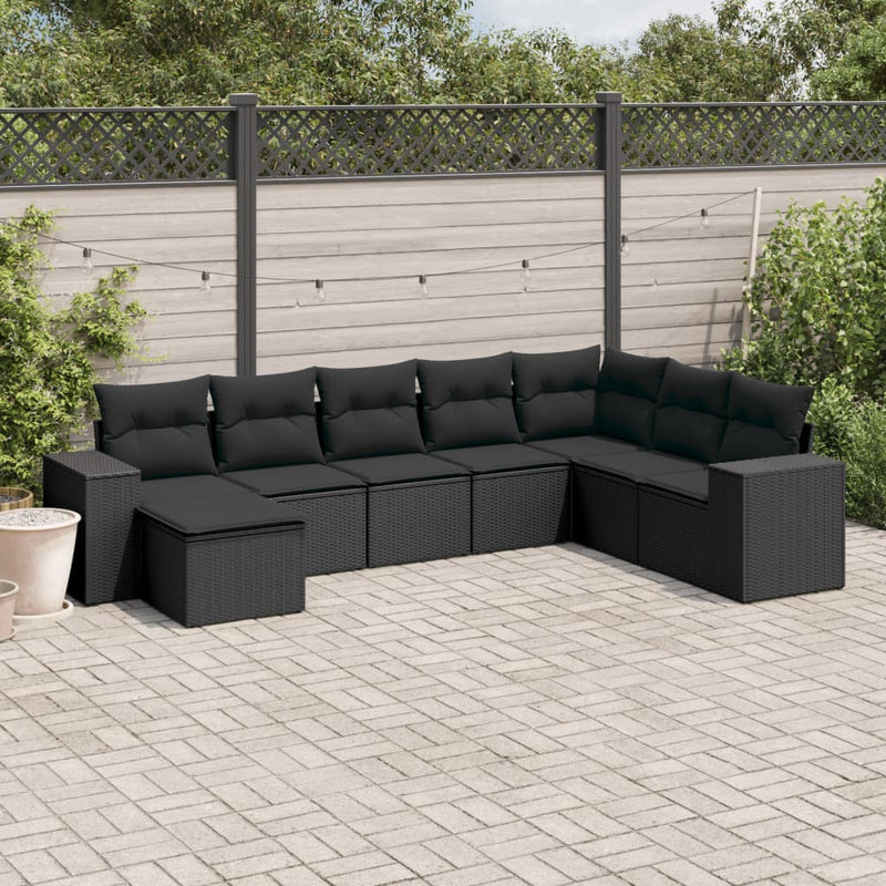 8 Piece Garden Sofa Set with Cushions Black Poly Rattan