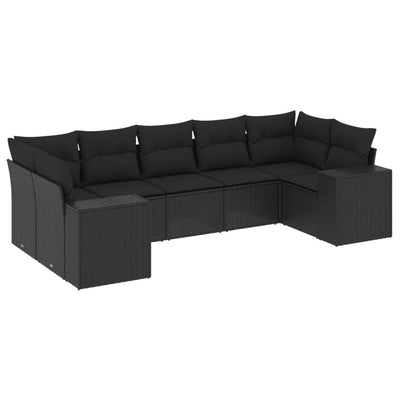 7 Piece Garden Sofa Set with Cushions Black Poly Rattan