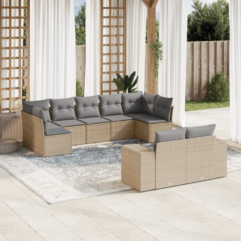 9 Piece Garden Sofa Set with Cushions Beige Poly Rattan